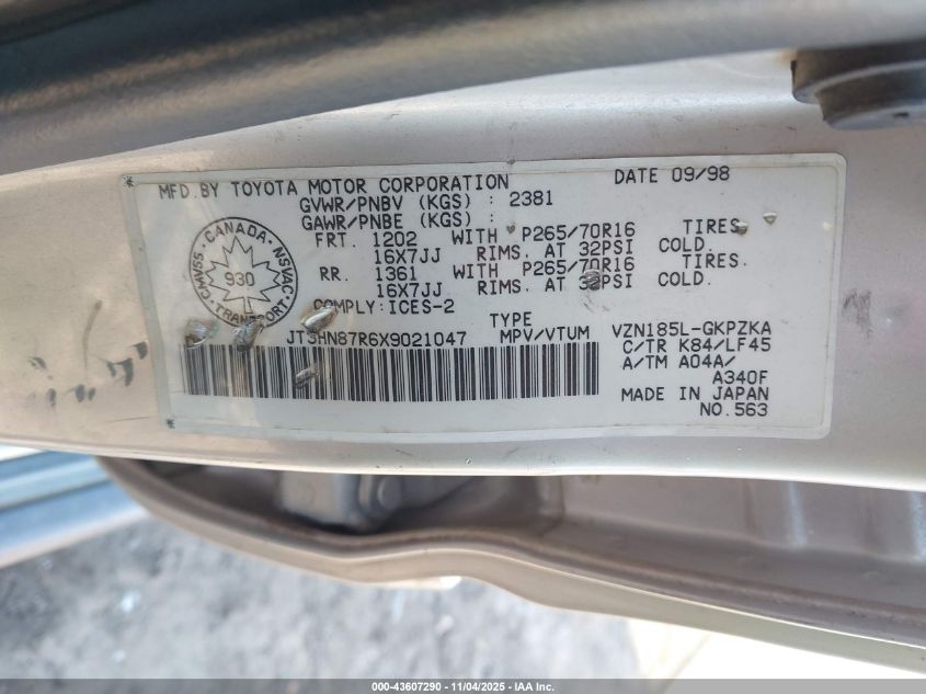 1999 Toyota 4Runner Limited VIN: JT3HN87R6X9021047 Lot: 43607290