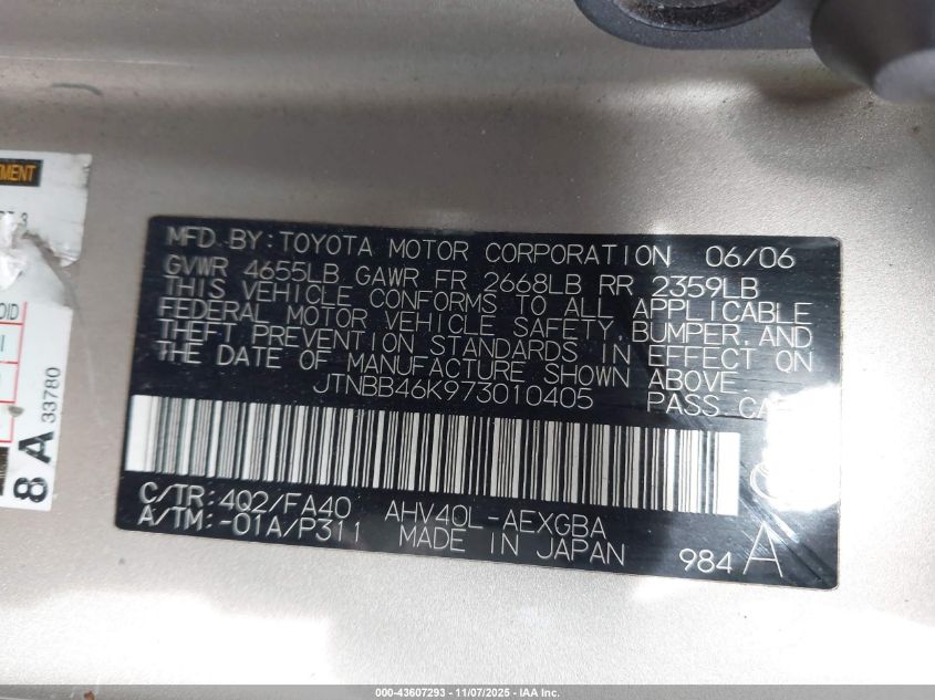 2007 Toyota Camry Hybrid VIN: JTNBB46K973010405 Lot: 43607293