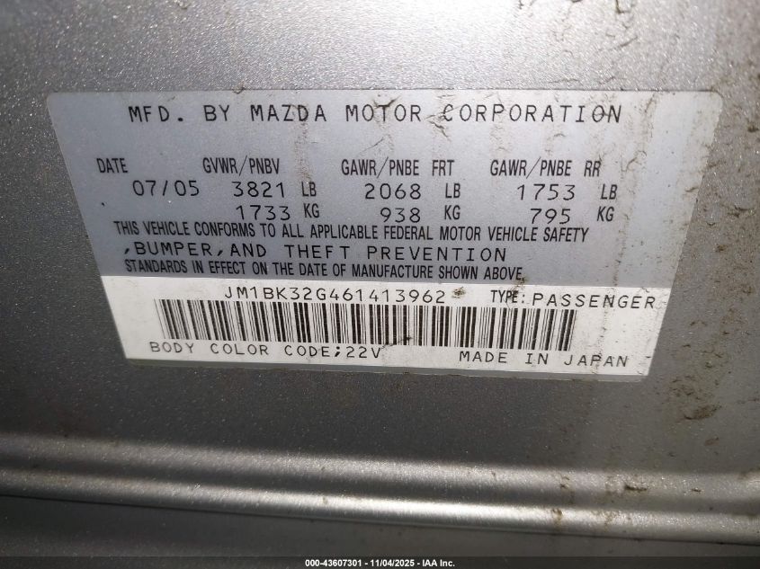 2006 Mazda Mazda3 I VIN: JM1BK32G461413962 Lot: 43607301