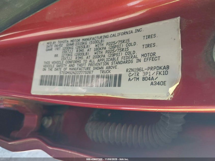 2002 Toyota Tacoma Prerunner VIN: 5TEGM92N22Z075267 Lot: 43607305