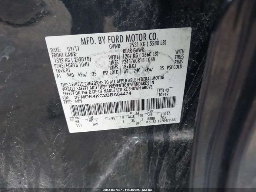 2011 Ford Edge Limited VIN: 2FMDK4KC2BBA84474 Lot: 43607307