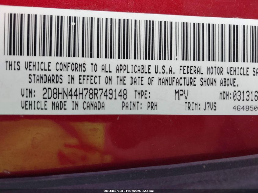 2008 Dodge Grand Caravan Se VIN: 2D8HN44H78R749148 Lot: 43607308