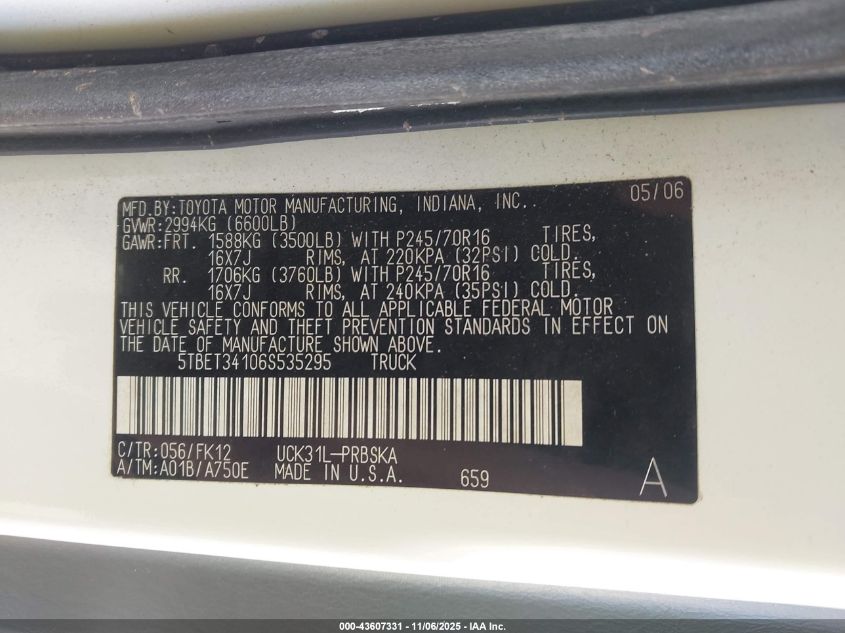 2006 Toyota Tundra Sr5 V8 VIN: 5TBET34106S535295 Lot: 43607331