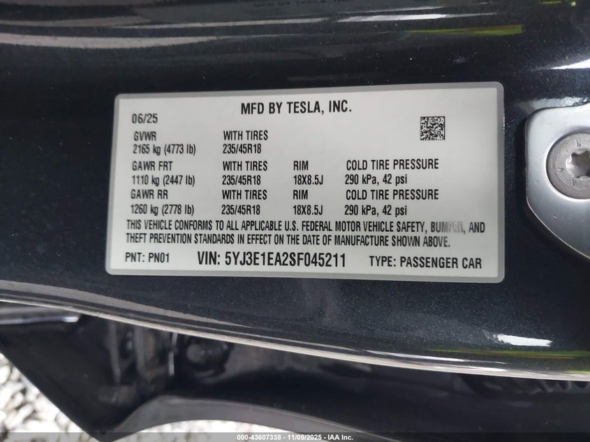 2025 Tesla Model 3 Long Range Rear-Wheel Drive VIN: 5YJ3E1EA2SF045211 Lot: 43607338