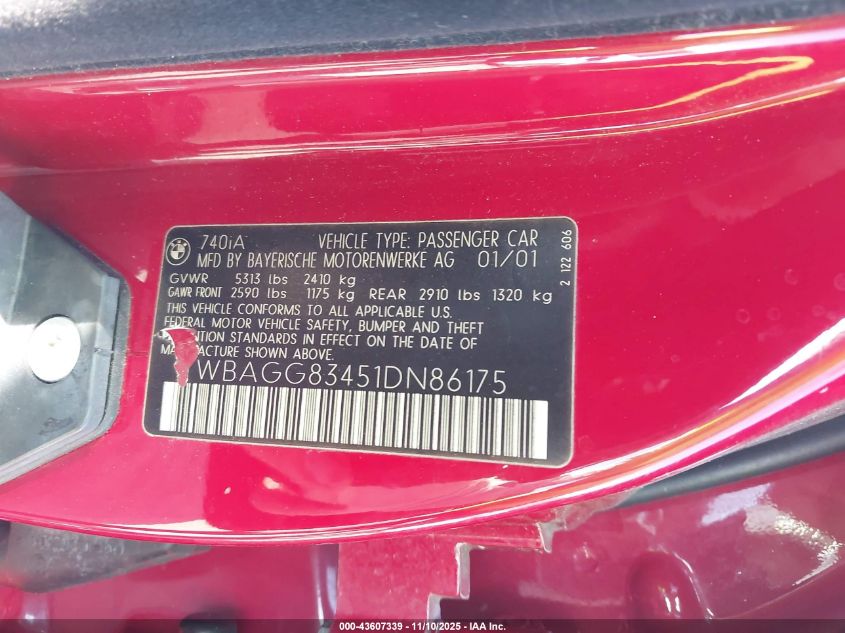 2001 BMW 740Ia VIN: WBAGG83451DN86175 Lot: 43607339