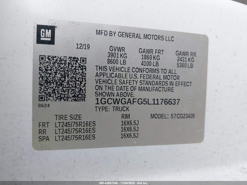 2020 Chevrolet Express Cargo Rwd 2500 Regular Wheelbase Wt VIN: 1GCWGAFG5L1176637 Lot: 43607348
