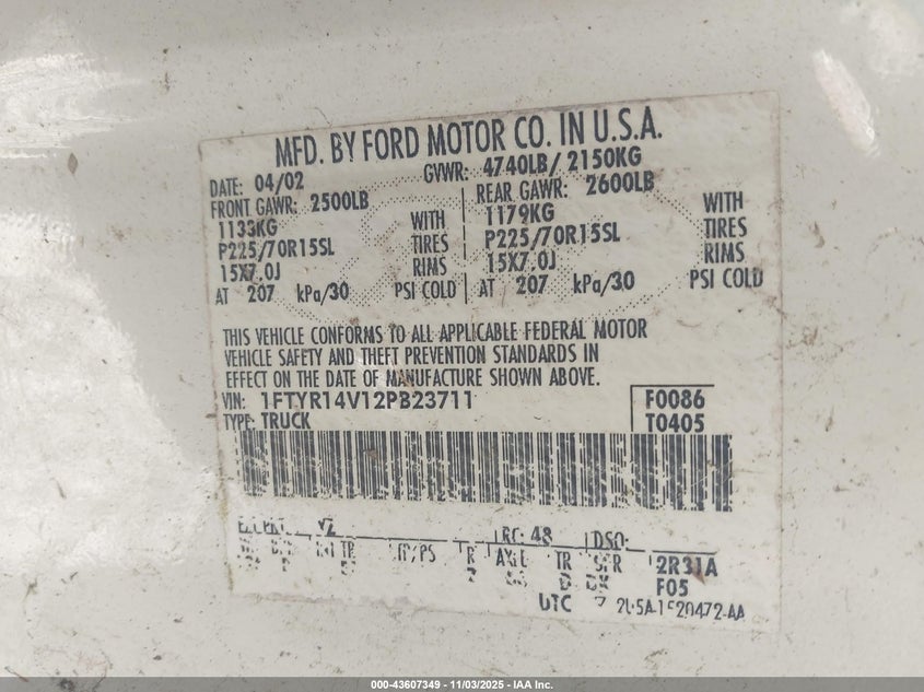 2002 Ford Ranger Edge/Tremor/Xl/Xlt VIN: 1FTYR14V12PB23711 Lot: 43607349