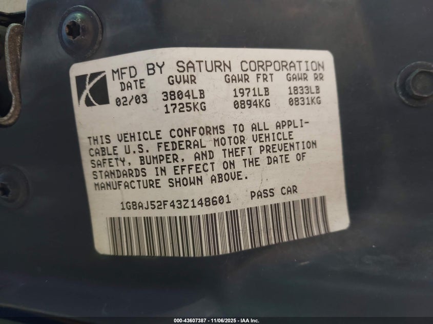 2003 Saturn Ion 2 VIN: 1G8AJ52F43Z148601 Lot: 43607387