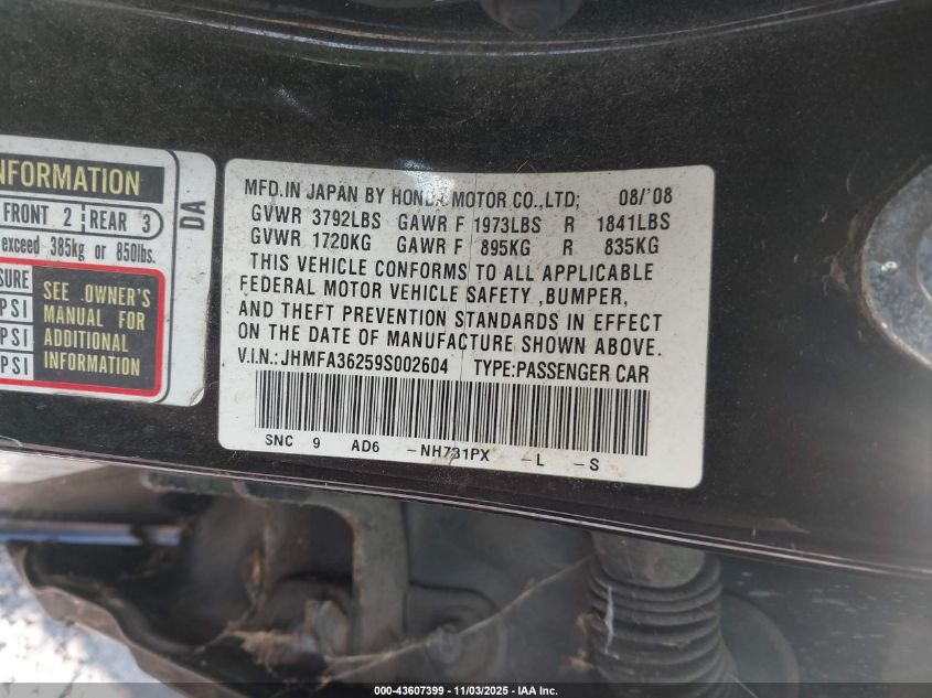 2009 Honda Civic Hybrid VIN: JHMFA36259S002604 Lot: 43607399