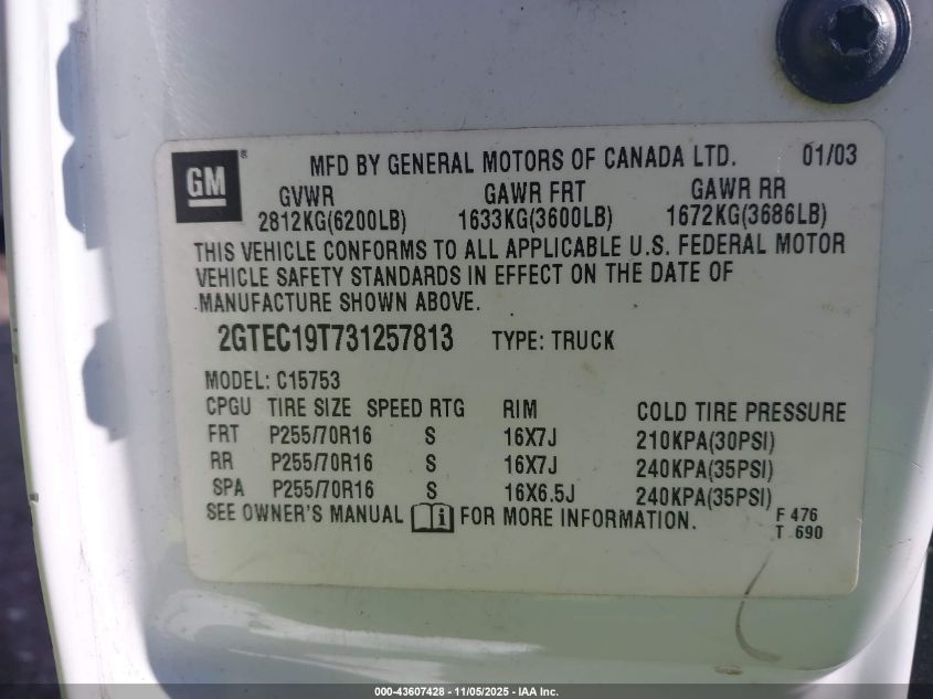 2003 GMC Sierra 1500 Slt VIN: 2GTEC19T731257813 Lot: 43607428