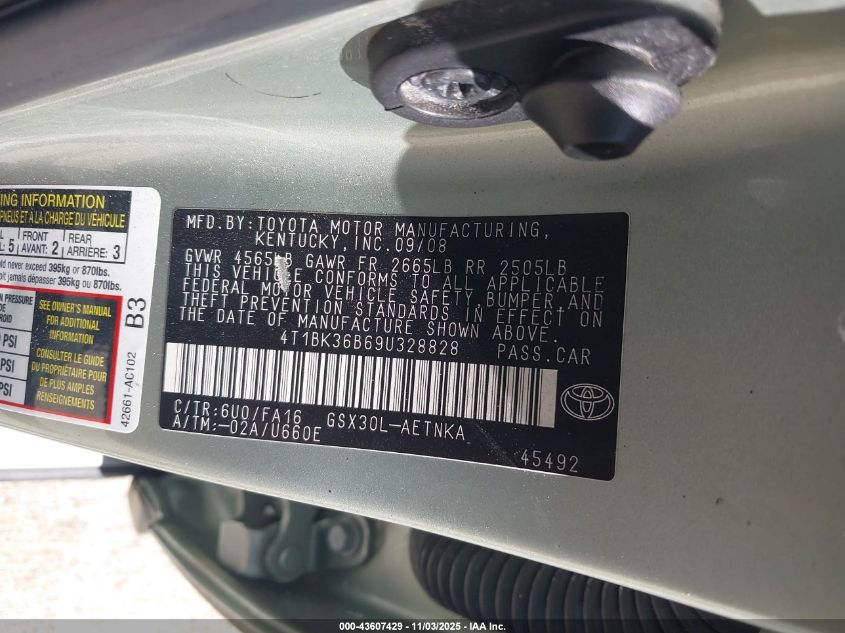 2009 Toyota Avalon Xl VIN: 4T1BK36B69U328828 Lot: 43607429