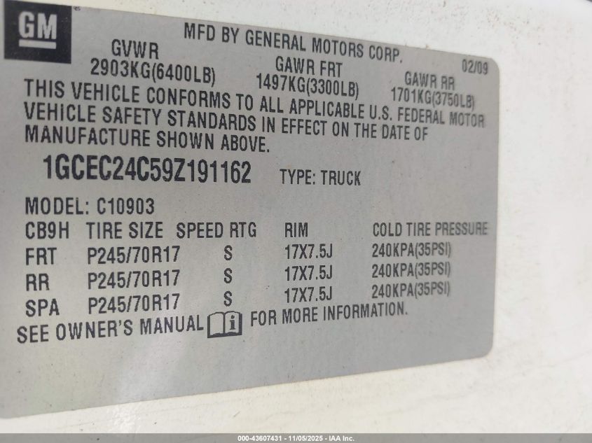 2009 Chevrolet Silverado 1500 Lt VIN: 1GCEC24C59Z191162 Lot: 43607431