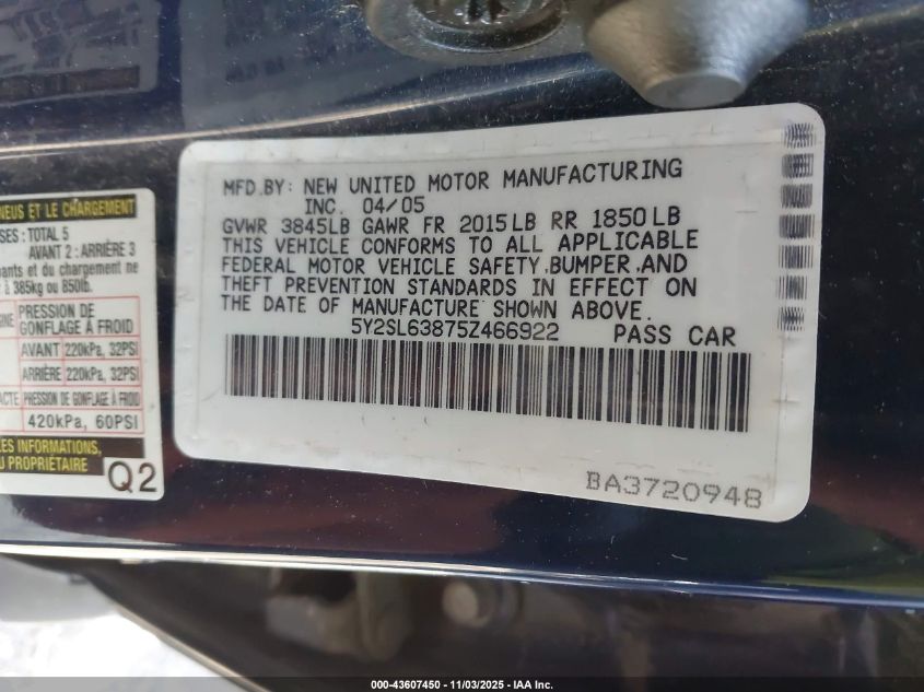 2005 Pontiac Vibe VIN: 5Y2SL63875Z466922 Lot: 43607450