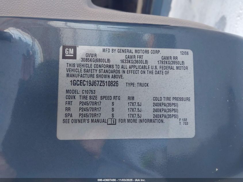 2007 Chevrolet Silverado 1500 Lt1 VIN: 1GCEC19J67Z510826 Lot: 43607456