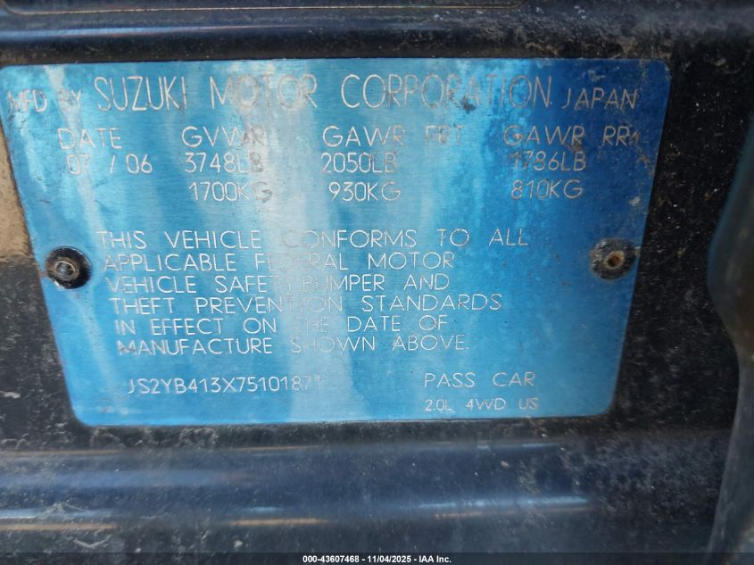 2007 Suzuki Sx4 Convenience/Rally VIN: JS2YB413X75101871 Lot: 43607468