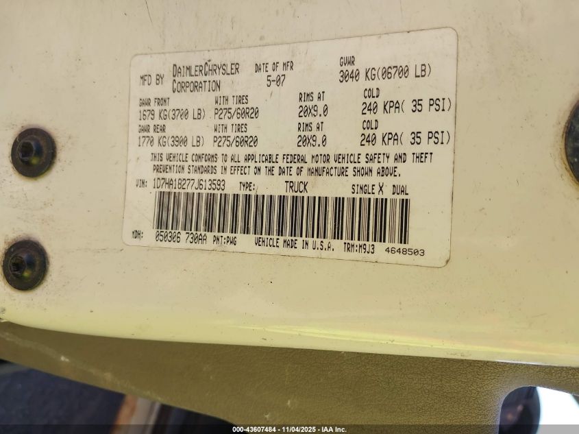 2007 Dodge Ram 1500 Slt VIN: 1D7HA18277J613593 Lot: 43607484