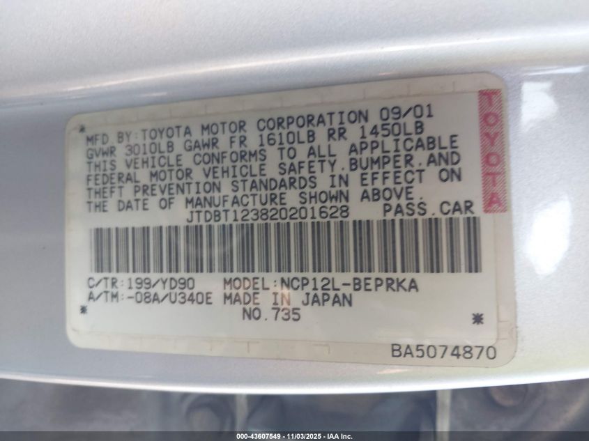 2002 Toyota Echo VIN: JTDBT123820201628 Lot: 43607549