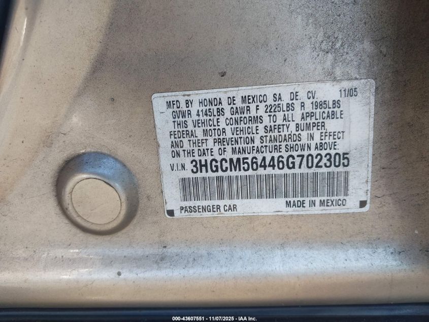 2006 Honda Accord 2.4 Lx VIN: 3HGCM56446G702305 Lot: 43607551