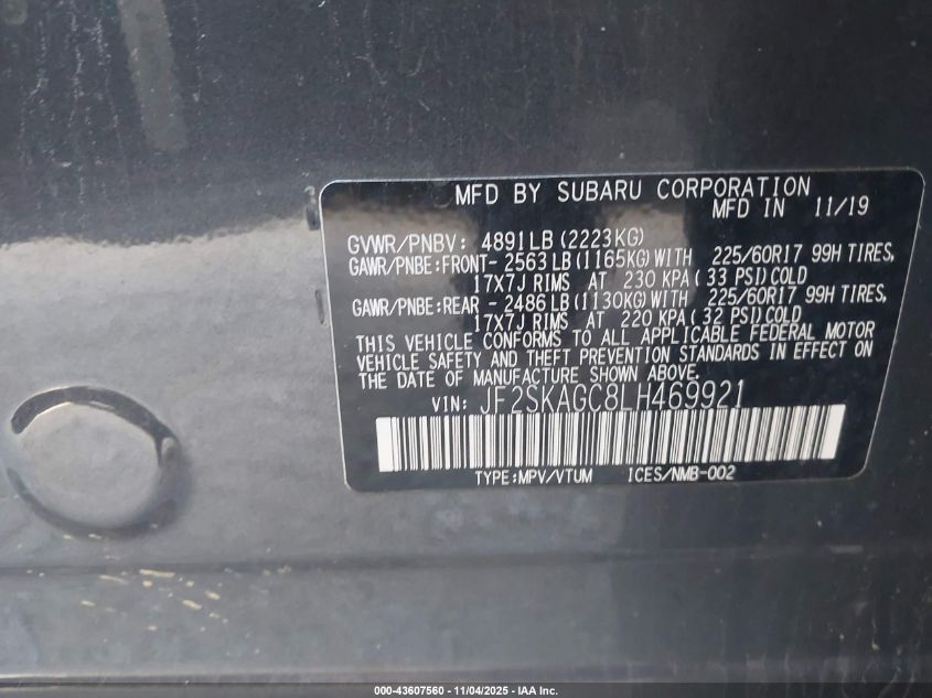 2020 Subaru Forester Premium VIN: JF2SKAGC8LH469921 Lot: 43607560