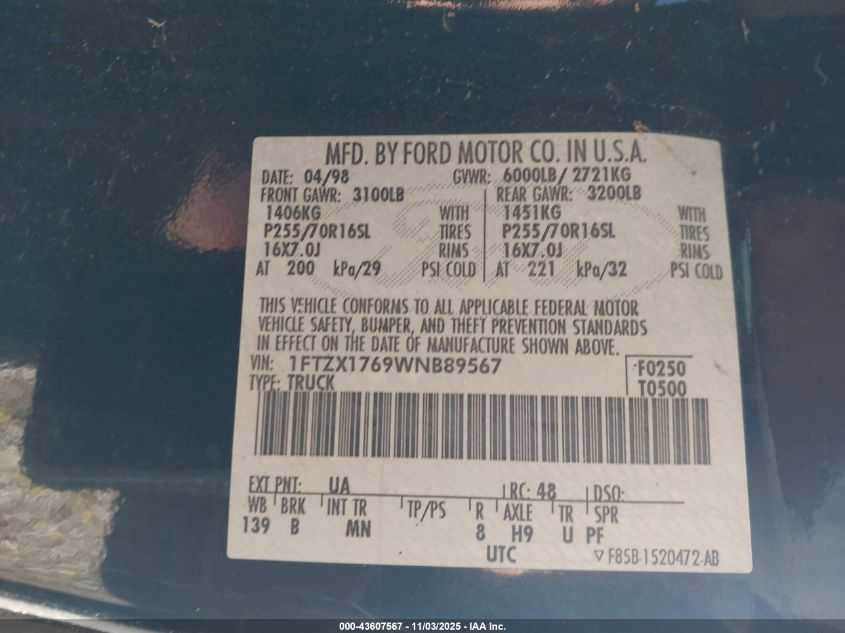 1998 Ford F-150 Lariat/Standard/Xl/Xlt VIN: 1FTZX1769WNB89567 Lot: 43607567