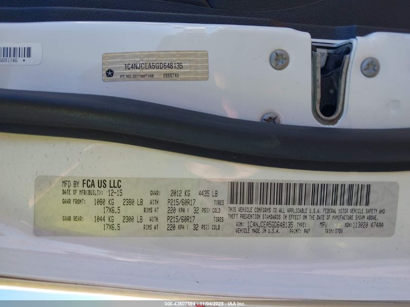 2016 Jeep Compass Latitude VIN: 1C4NJCEA5GD648135 Lot: 43607594