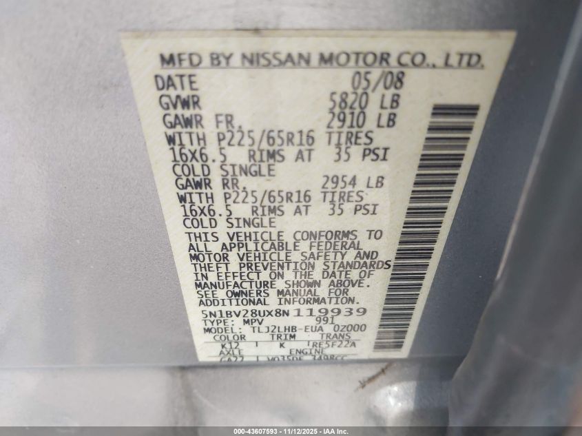 2008 Nissan Quest 3.5 S VIN: 5N1BV28UX8N119939 Lot: 43607593