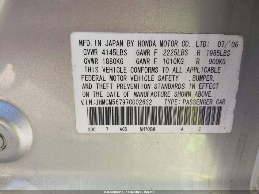 2007 Honda Accord 2.4 Ex VIN: JHMCM56797C002632 Lot: 43607615