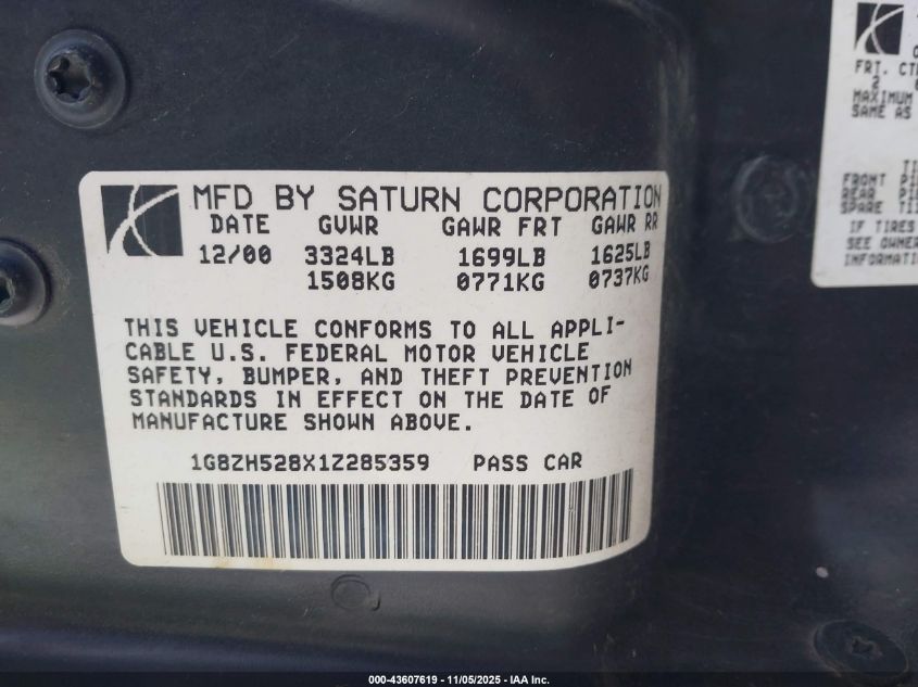 2001 Saturn Sl1 VIN: 1G8ZH528X1Z285359 Lot: 43607619