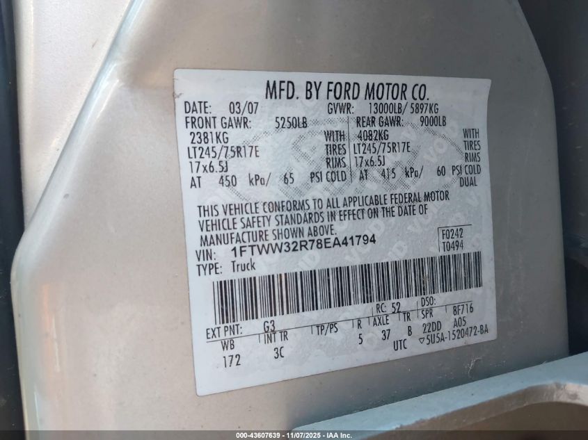 2008 Ford F-350 King Ranch/Lariat/Xl/Xlt VIN: 1FTWW32R78EA41794 Lot: 43607639