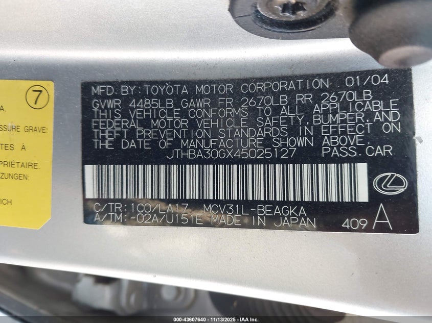 JTHBA30GX45025127 2004 LEXUS ES photo no. 9