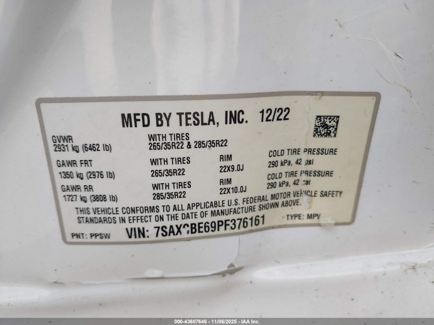 2023 Tesla Model X Plaid Tri Motor All-Wheel Drive VIN: 7SAXCBE69PF376161 Lot: 43607646