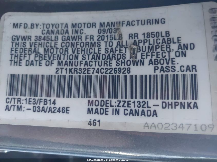 2004 Toyota Matrix Xr VIN: 2T1KR32E74C226928 Lot: 43607650