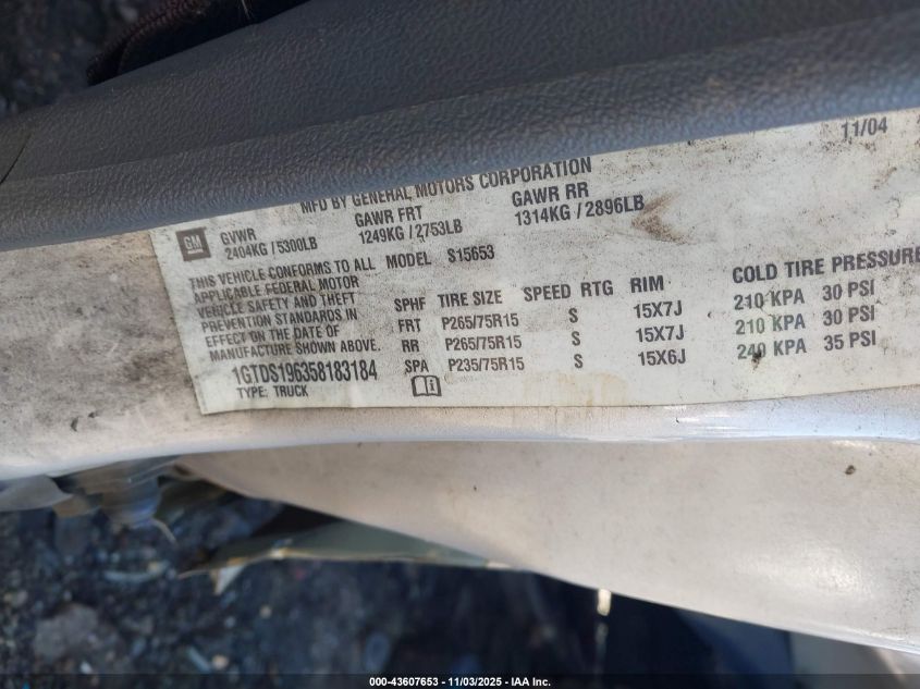 2005 GMC Canyon Sle VIN: 1GTDS196358183184 Lot: 43607653