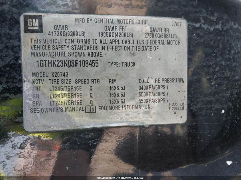 2008 GMC Sierra 2500Hd Sle2 VIN: 1GTHK23K08F108455 Lot: 43607662