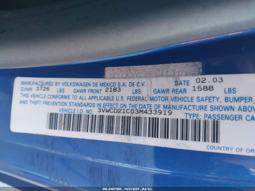 2003 Volkswagen New Beetle Gls 1.8T VIN: 3VWCD21C03M433919 Lot: 43607668