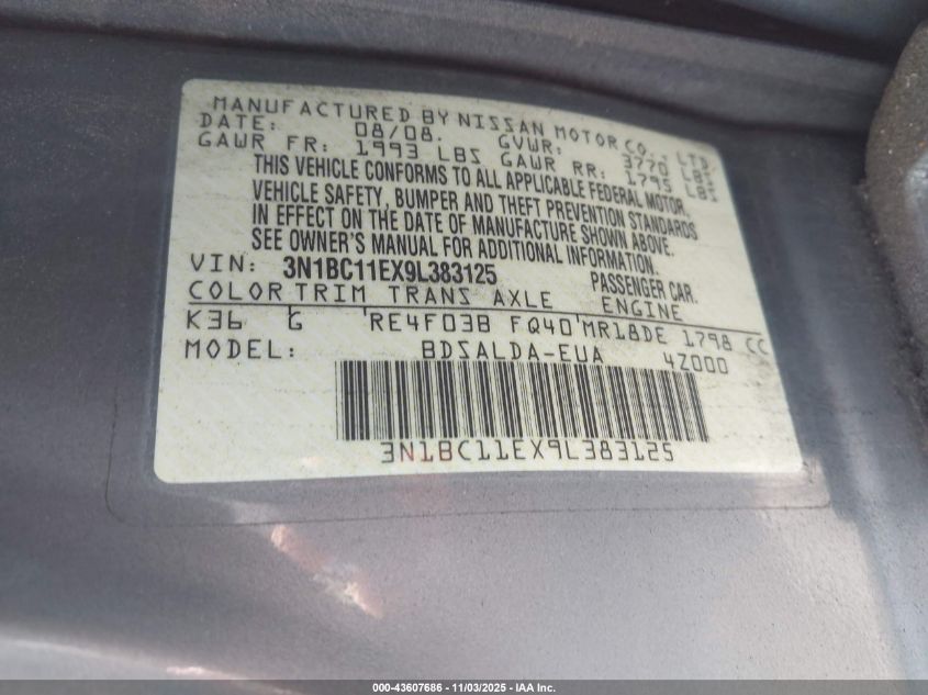 2009 Nissan Versa 1.8S VIN: 3N1BC11EX9L383125 Lot: 43607686