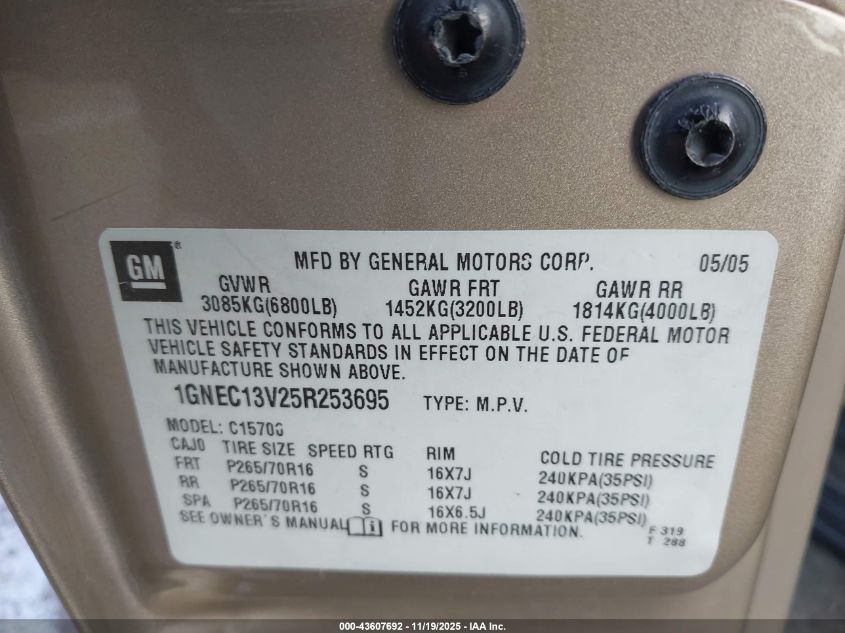 2005 Chevrolet Tahoe Ls VIN: 1GNEC13V25R253695 Lot: 43607692