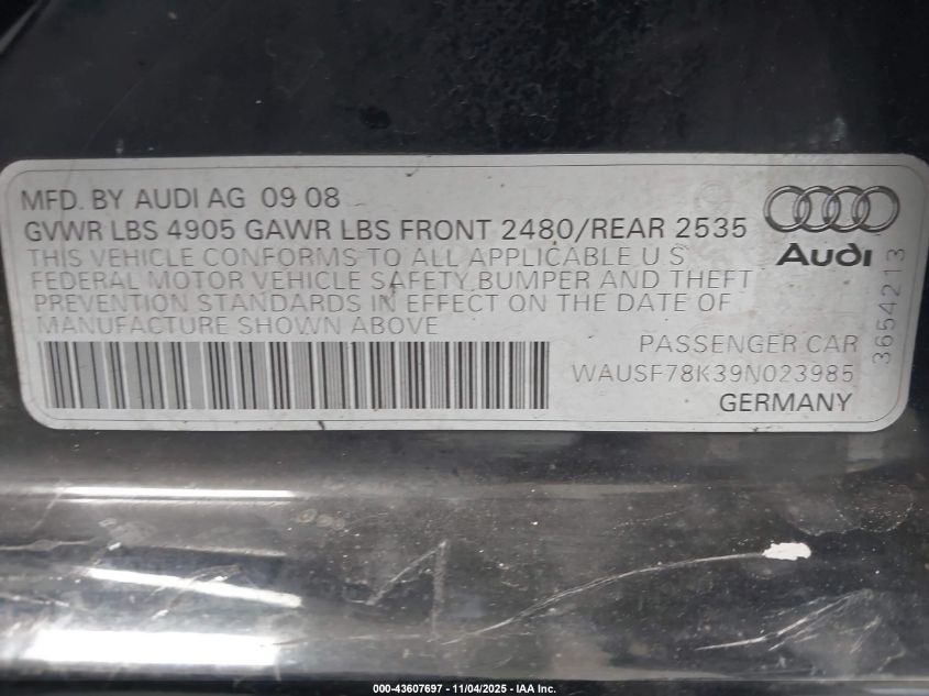 2009 Audi A4 2.0T Premium VIN: WAUSF78K39N023985 Lot: 43607697