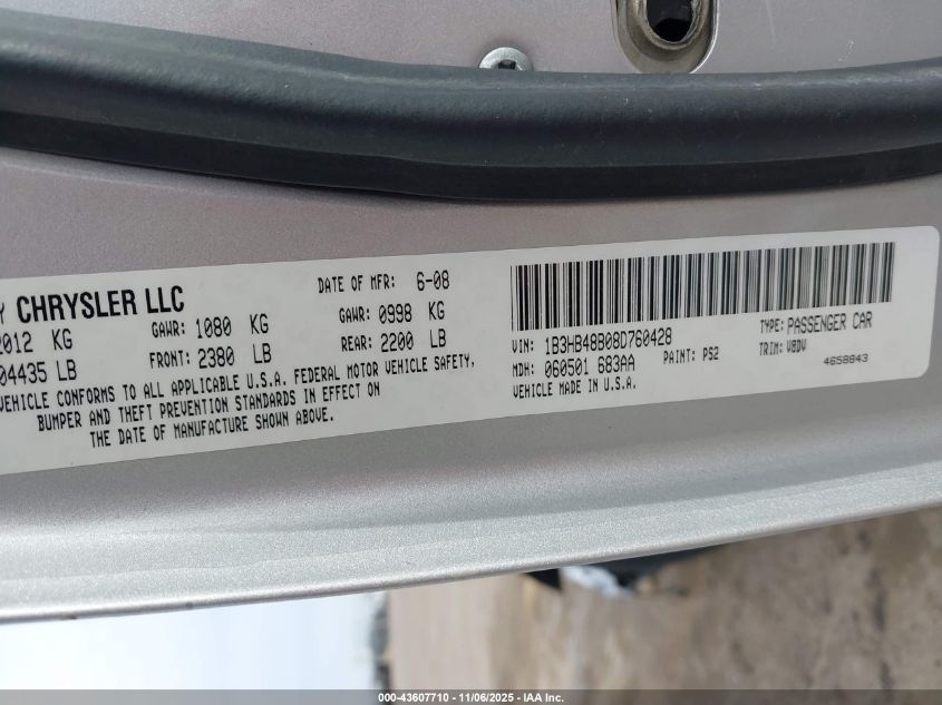 2008 Dodge Caliber Sxt VIN: 1B3HB48B08D760428 Lot: 43607710