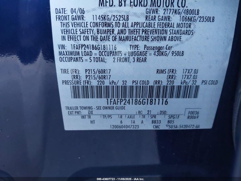 2006 Ford Five Hundred Sel VIN: 1FAFP24186G181116 Lot: 43607723