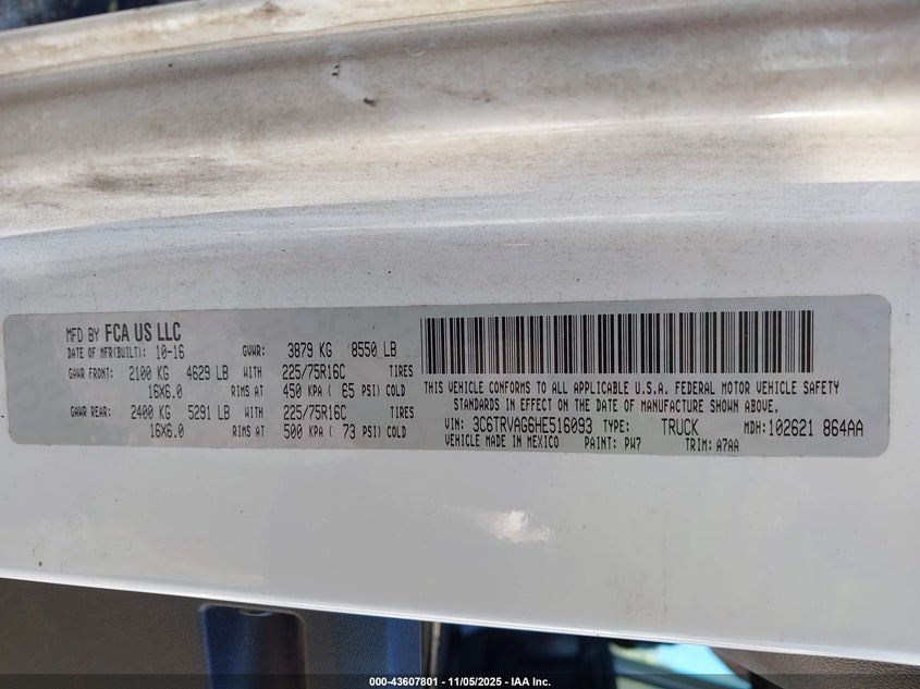 2017 RAM PROMASTER 1500 LOW ROOF 136 WB - 3C6TRVAG6HE516093