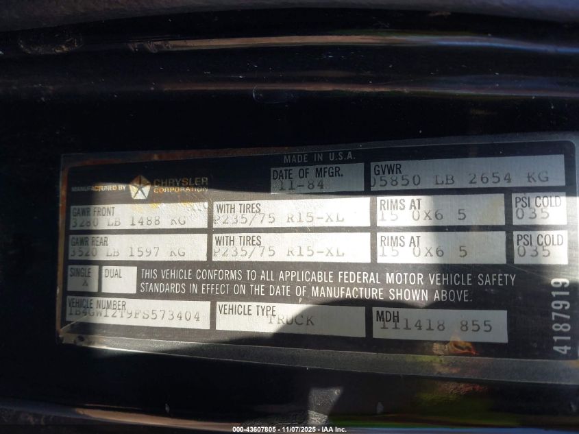 1985 Dodge Ramcharger Aw-100 VIN: 1B4GW12T9FS573404 Lot: 43607805