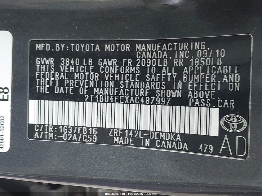 2T1BU4EEXAC487997 2010 TOYOTA COROLLA photo no. 9