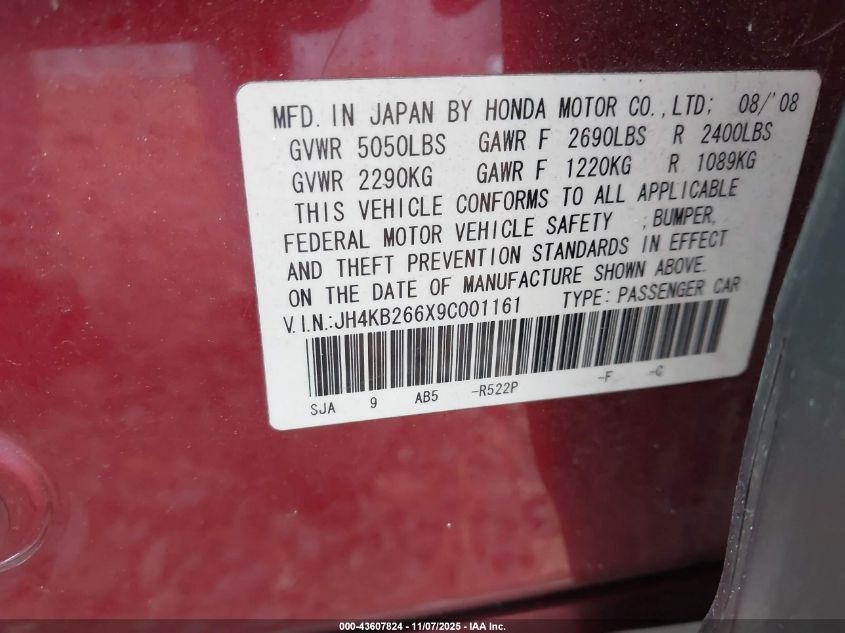 2009 Acura Rl 3.7 VIN: JH4KB266X9C001161 Lot: 43607824
