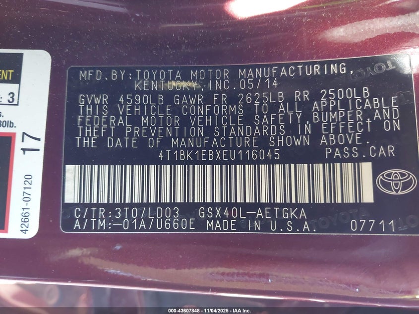 2014 TOYOTA AVALON XLE - 4T1BK1EBXEU116045