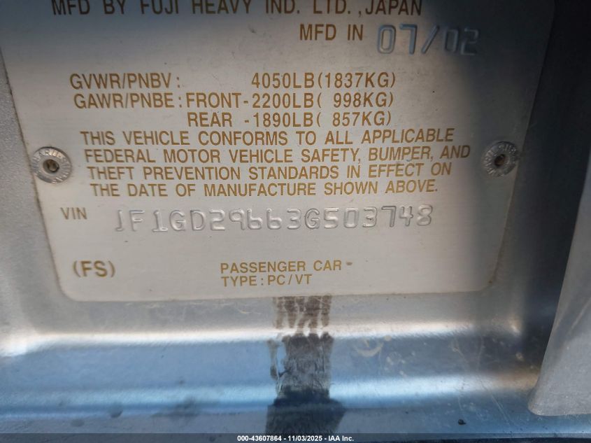 2003 Subaru Impreza Wrx VIN: JF1GD29663G503748 Lot: 43607864