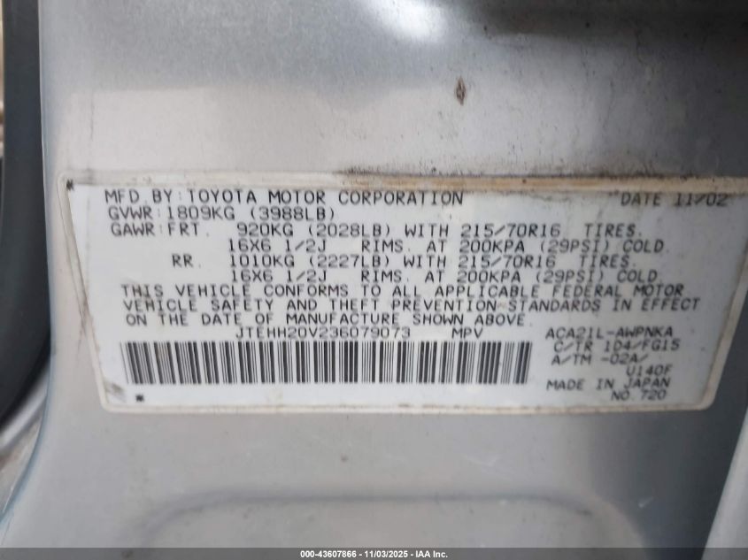 2003 Toyota Rav4 VIN: JTEHH20V236079073 Lot: 43607866