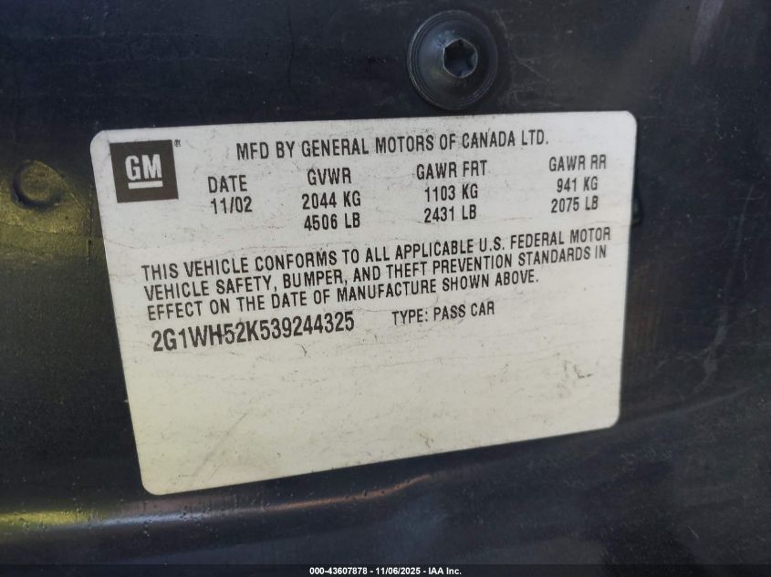 2003 Chevrolet Impala Ls VIN: 2G1WH52K539244325 Lot: 43607878