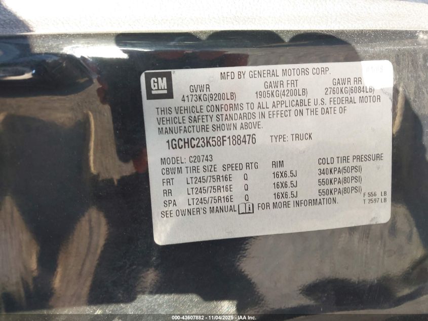 2008 Chevrolet Silverado 2500Hd Lt2 VIN: 1GCHC23K58F188476 Lot: 43607882