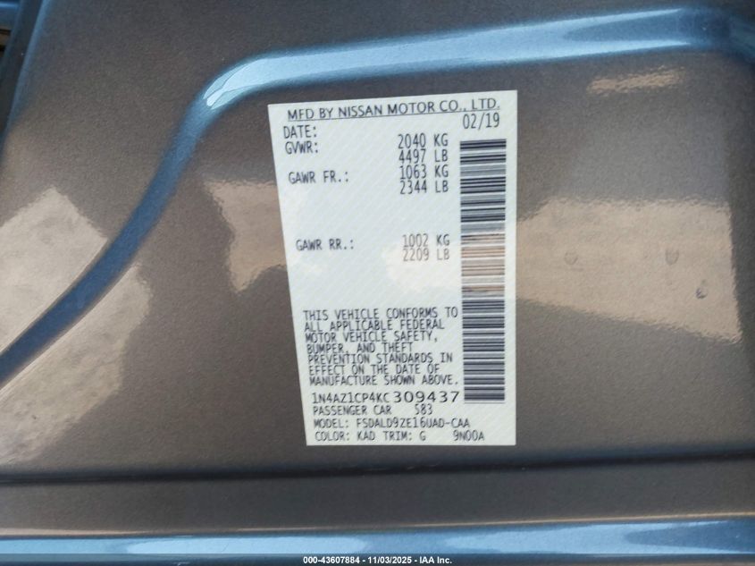 2019 Nissan Leaf Sv VIN: 1N4AZ1CP4KC309437 Lot: 43607884